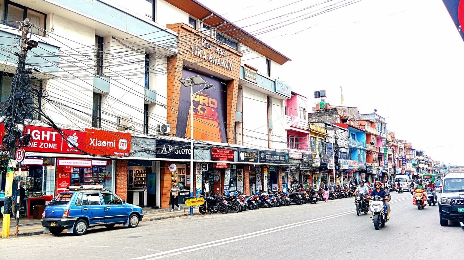 Mahendrapul Pokhara main street view showing commercial buildings